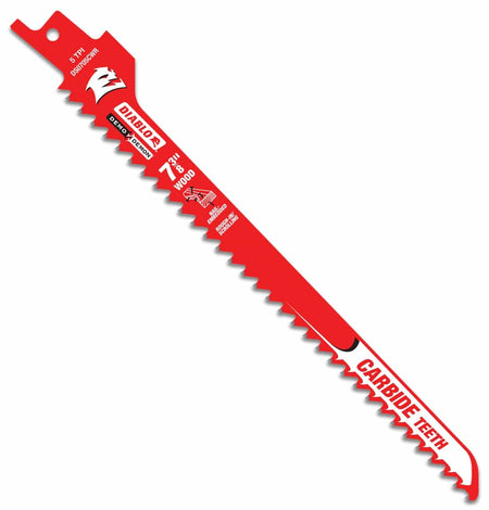 A high-resolution product photograph of a single 7-3/8 inch Diablo Demo Demon carbide teeth reciprocating saw blade. The red blade features white and black branding, highlighting the 5 TPI aggressive tooth geometry and its optimization for rough-in, scrolling, and radius cutting in nail-embedded wood.