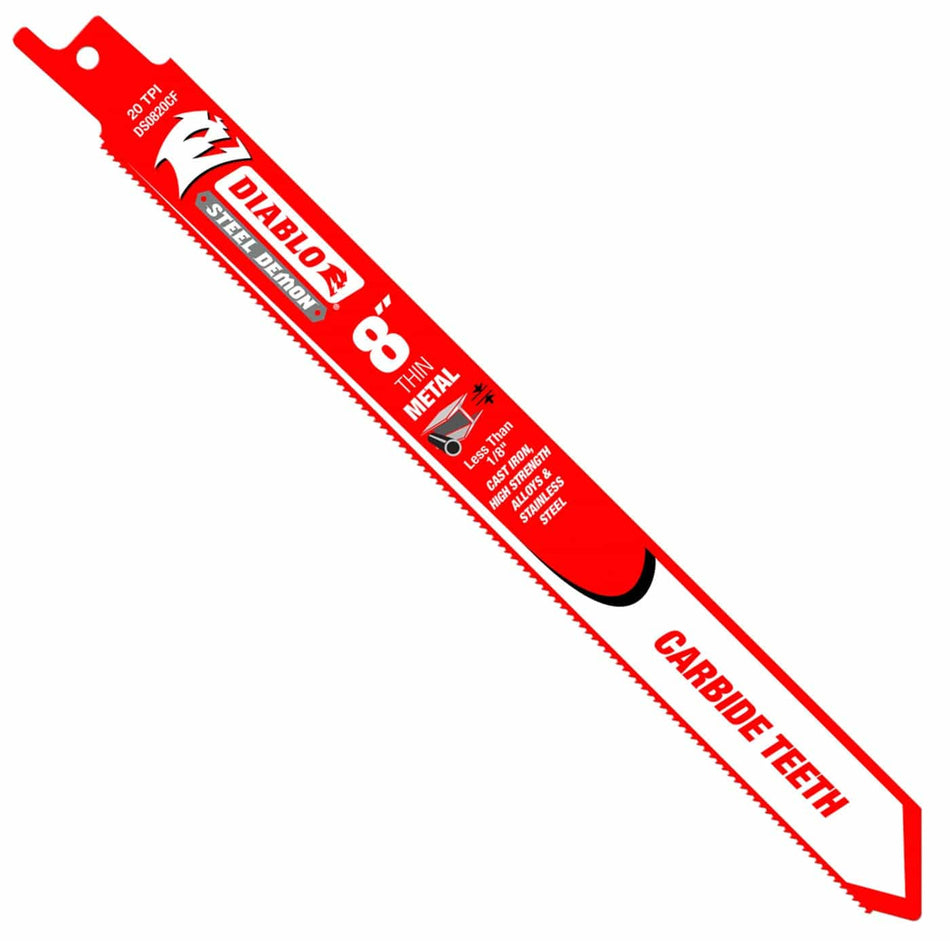 A studio product photograph of a single 8 inch Diablo Steel Demon reciprocating saw blade for thin metal cutting. The blade features a bright red body with white and black branding, displaying the carbide teeth edge, 20 TPI rating, and Perma-Shield coating for industrial metalwork.