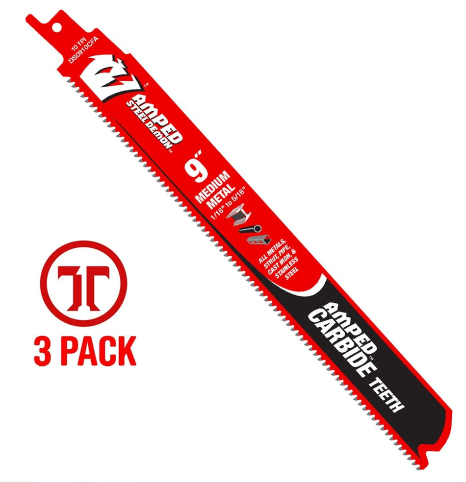 A high-resolution product photograph of a single 9 inch Diablo AMPED Steel Demon carbide teeth reciprocating saw blade for medium metal. The red and black blade features white branding, highlighting the 10 TPI tooth design and Black I.C.E. industrial coating. A red 3-pack logo is featured on the left to indicate the bulk quantity.