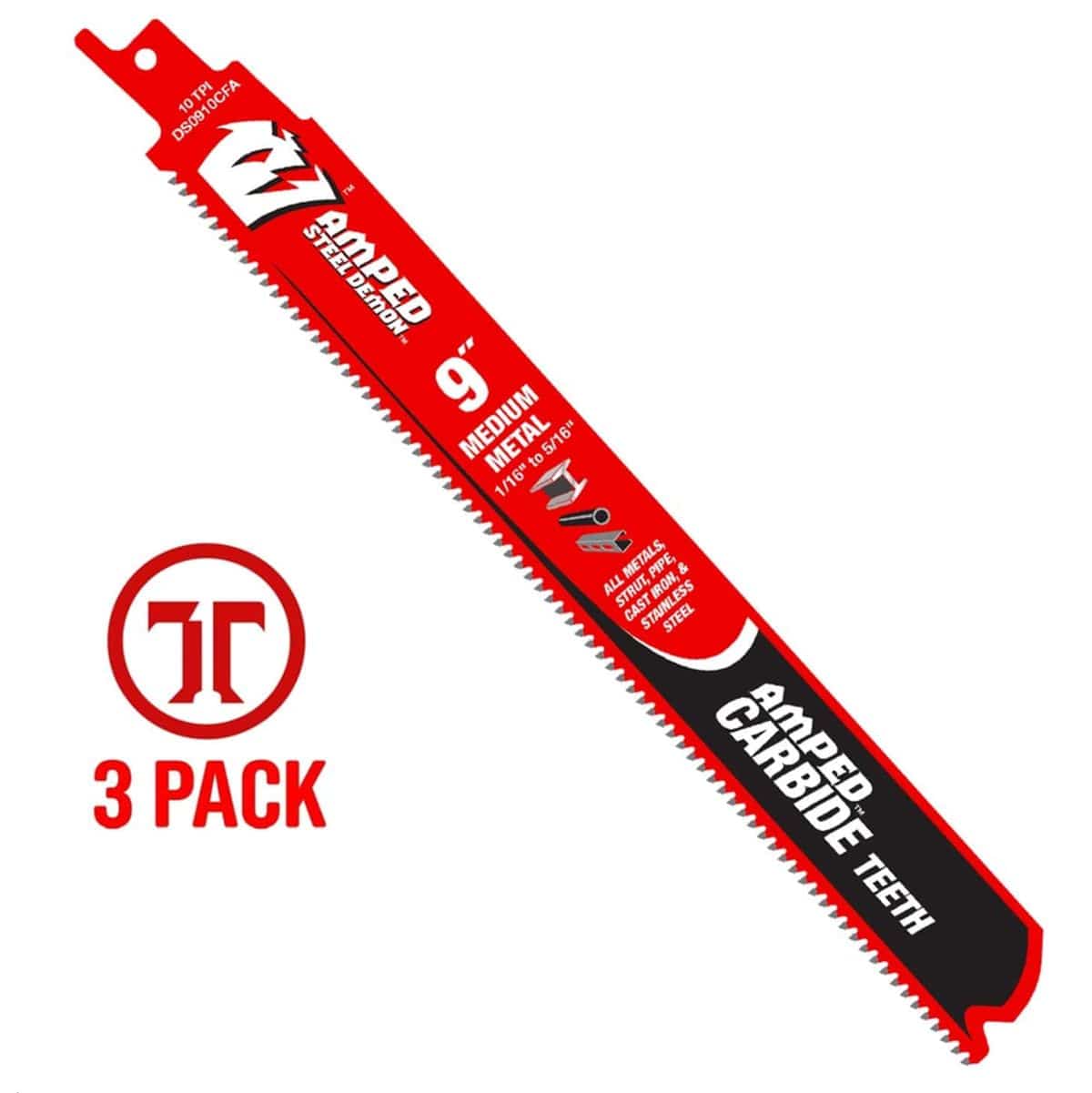 A high-resolution product photograph of a single 9 inch Diablo AMPED Steel Demon carbide teeth reciprocating saw blade for medium metal. The red and black blade features white branding, highlighting the 10 TPI tooth design and Black I.C.E. industrial coating. A red 3-pack logo is featured on the left to indicate the bulk quantity.