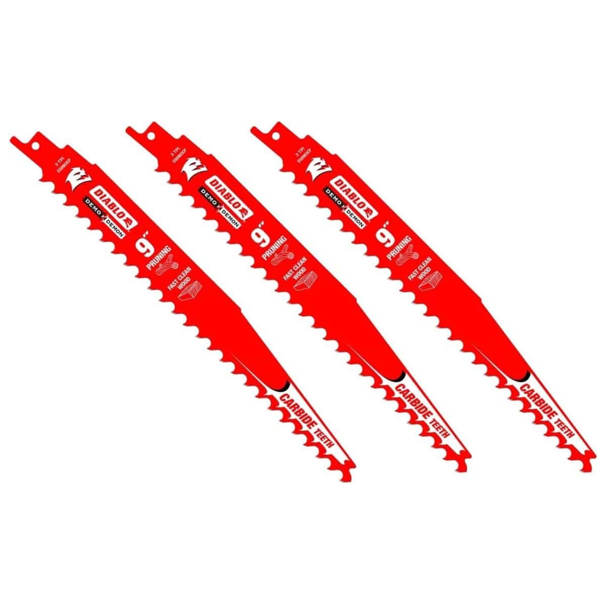 Three-pack of Diablo DS0903CP 9 inch Demo Demon carbide tipped reciprocating saw blades with 3 TPI aggressive teeth for fast pruning and clean wood cutting.
