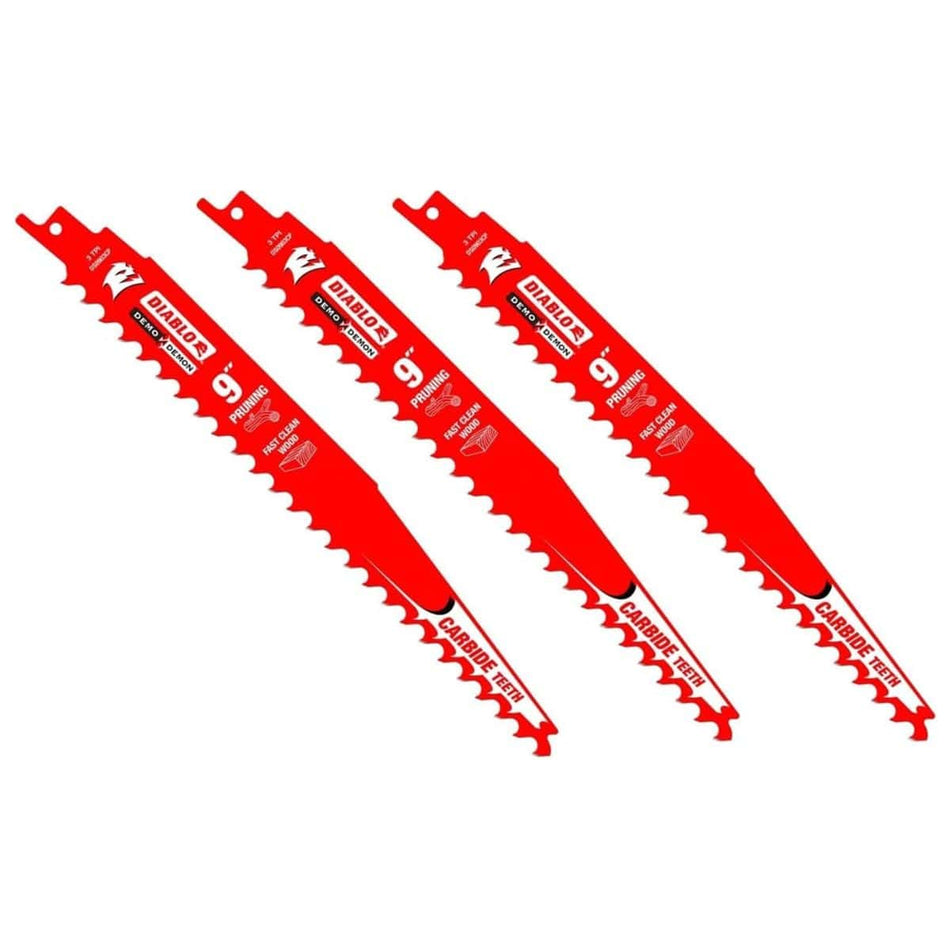 Three-pack of Diablo DS0903CP 9 inch Demo Demon carbide tipped reciprocating saw blades with 3 TPI aggressive teeth for fast pruning and clean wood cutting.