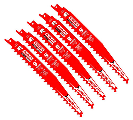 Five-pack of Diablo 9 inch carbide tipped pruning saw blades featuring aggressive red finish and specialized Demo Demon teeth for high-speed wood cutting applications.
