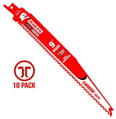 A high-resolution product photograph of a single 9 inch Diablo Demo Demon carbide teeth reciprocating saw blade. The blade is vibrant red with white and black branding, highlighting its 5/7 TPI variable tooth design and optimization for nail-embedded wood. A red 10-pack graphic is featured to the left to indicate bulk quantity.