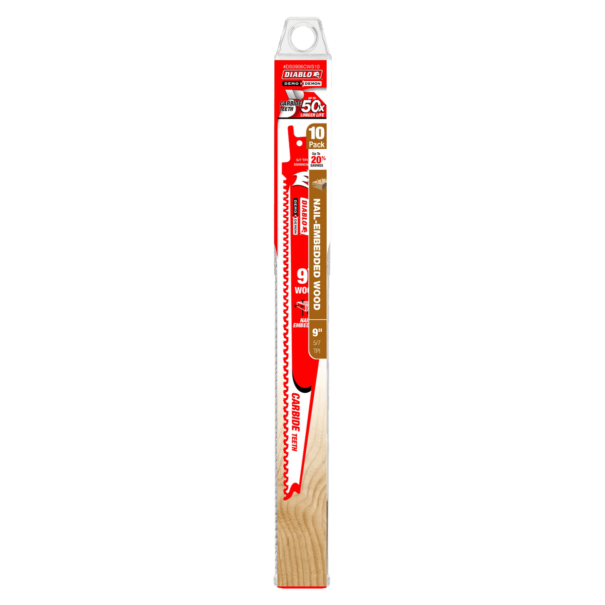 A professional retail shot of the 9 inch Diablo Demo Demon carbide reciprocating saw blade in its original hanging card packaging. The packaging highlights the 50X longer life durability claim, the 10-pack bulk quantity, and a 20 percent savings value for professional demolition contractors.