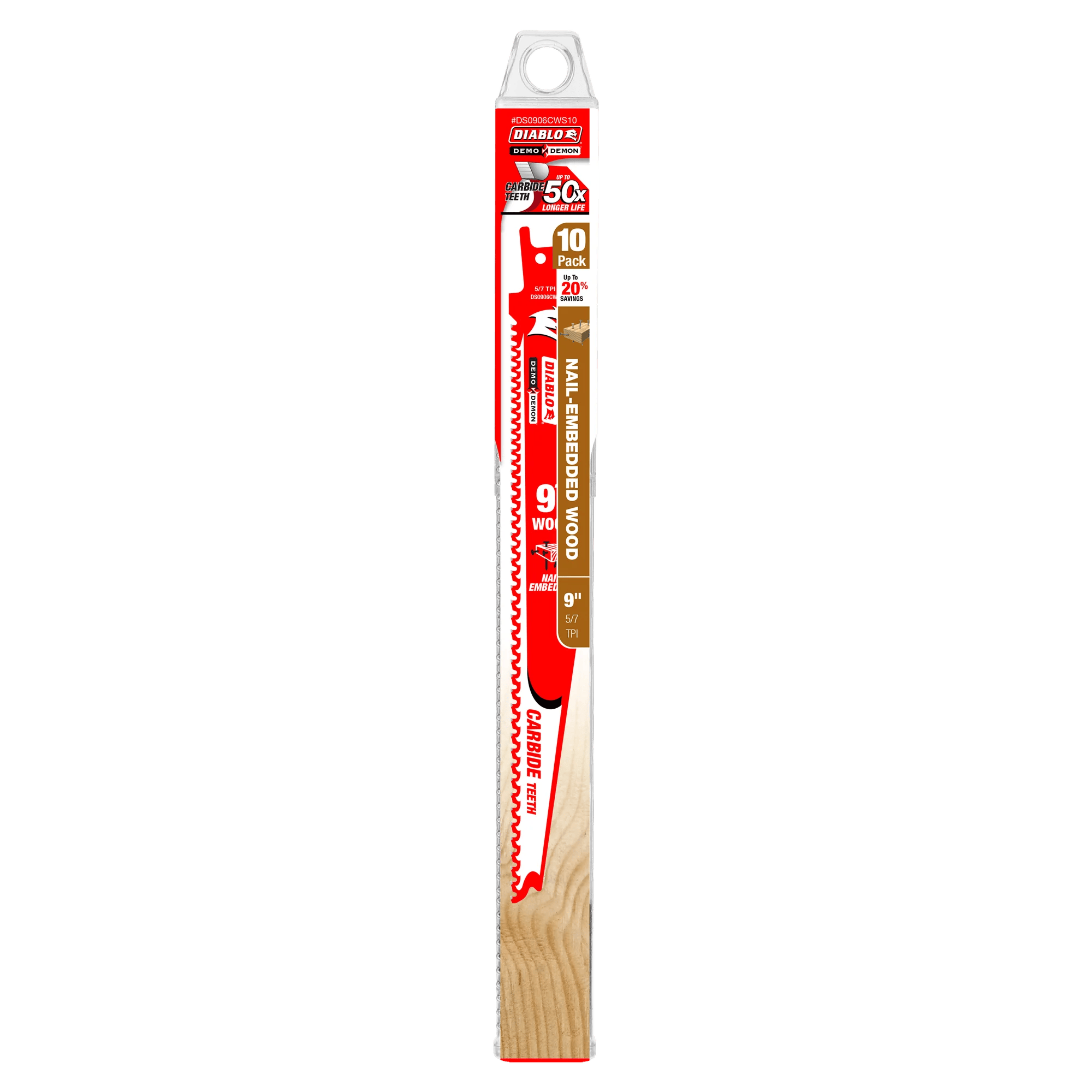 A professional retail shot of the 9 inch Diablo Demo Demon carbide reciprocating saw blade in its original hanging card packaging. The packaging highlights the 50X longer life durability claim, the 10-pack bulk quantity, and a 20 percent savings value for professional demolition contractors.