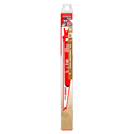 A professional retail shot of the 9 inch Diablo Demo Demon carbide reciprocating saw blade in its original hanging card packaging. The packaging highlights the 50X longer life durability claim, the 10-pack bulk quantity, and a 20 percent savings value for professional demolition contractors.