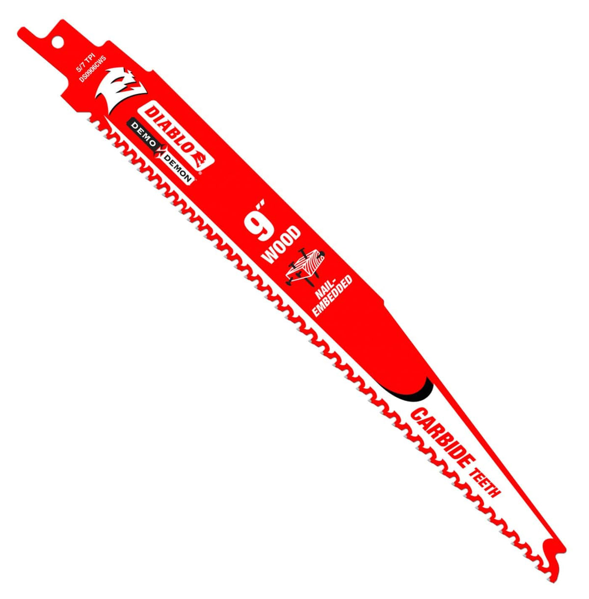 A studio product photograph of a single 9 inch Diablo Demo Demon reciprocating saw blade for nail-embedded wood. The blade features a vibrant red body, white and black branding, and the specialized carbide teeth edge designed for high-performance demolition work.