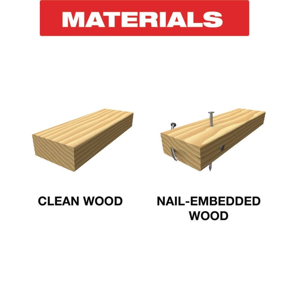 A materials comparison graphic illustrating the effective use cases for the Diablo Demo Demon blade, featuring 3D renders of clean wood versus nail-embedded wood, highlighting the tool's ability to cut through structural fasteners.