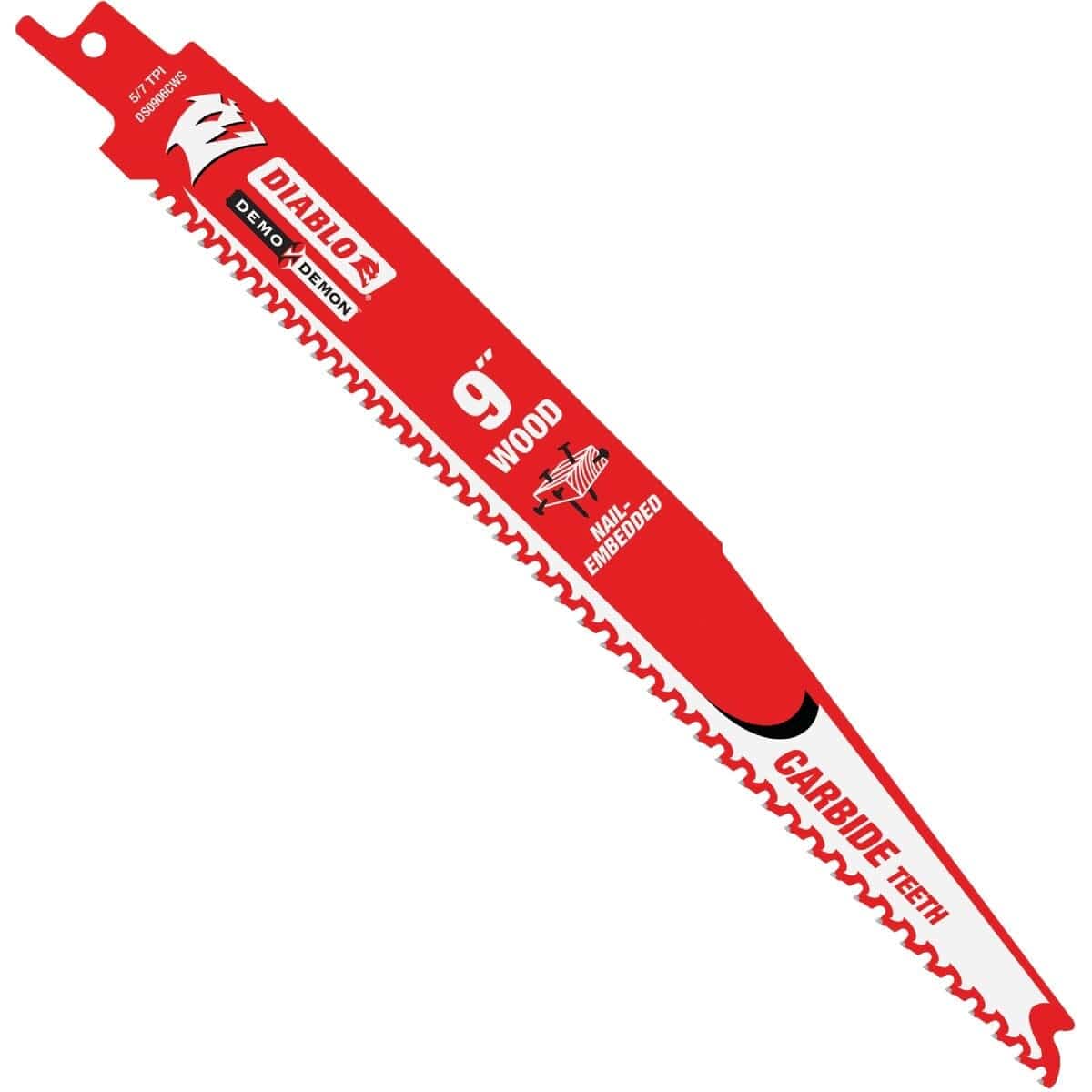 Red Diablo Demo Demon 9-inch reciprocating saw blade with carbide teeth, designed for cutting nail-embedded wood during framing demolition and remodeling.