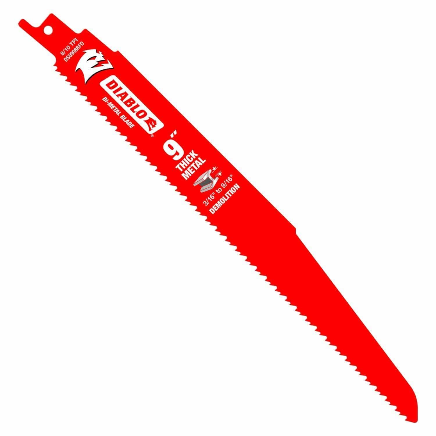 This is a diagonal image of a red reciprocating saw blade, angled from the top left to the bottom right. The blade has very aggressive, sharp teeth along its bottom edge and is prominently marked with "DIABLO" in white, along with "9"" for its length, and "THICK METAL" for its intended use in demolition.