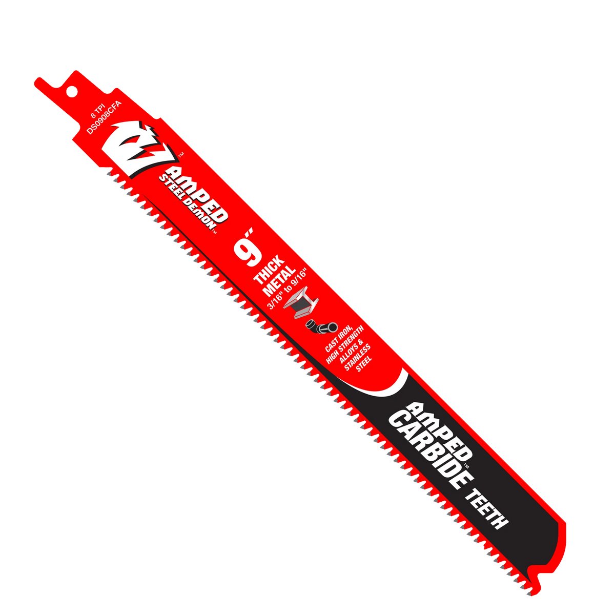 A studio product photograph of a single 9 inch Diablo AMPED Steel Demon reciprocating saw blade for thick metal cutting. The blade features a vibrant red body with white and black branding, highlighting the 8 TPI carbide teeth, the Black I.C.E. cooling element coating, and its optimization for cast iron and stainless steel.