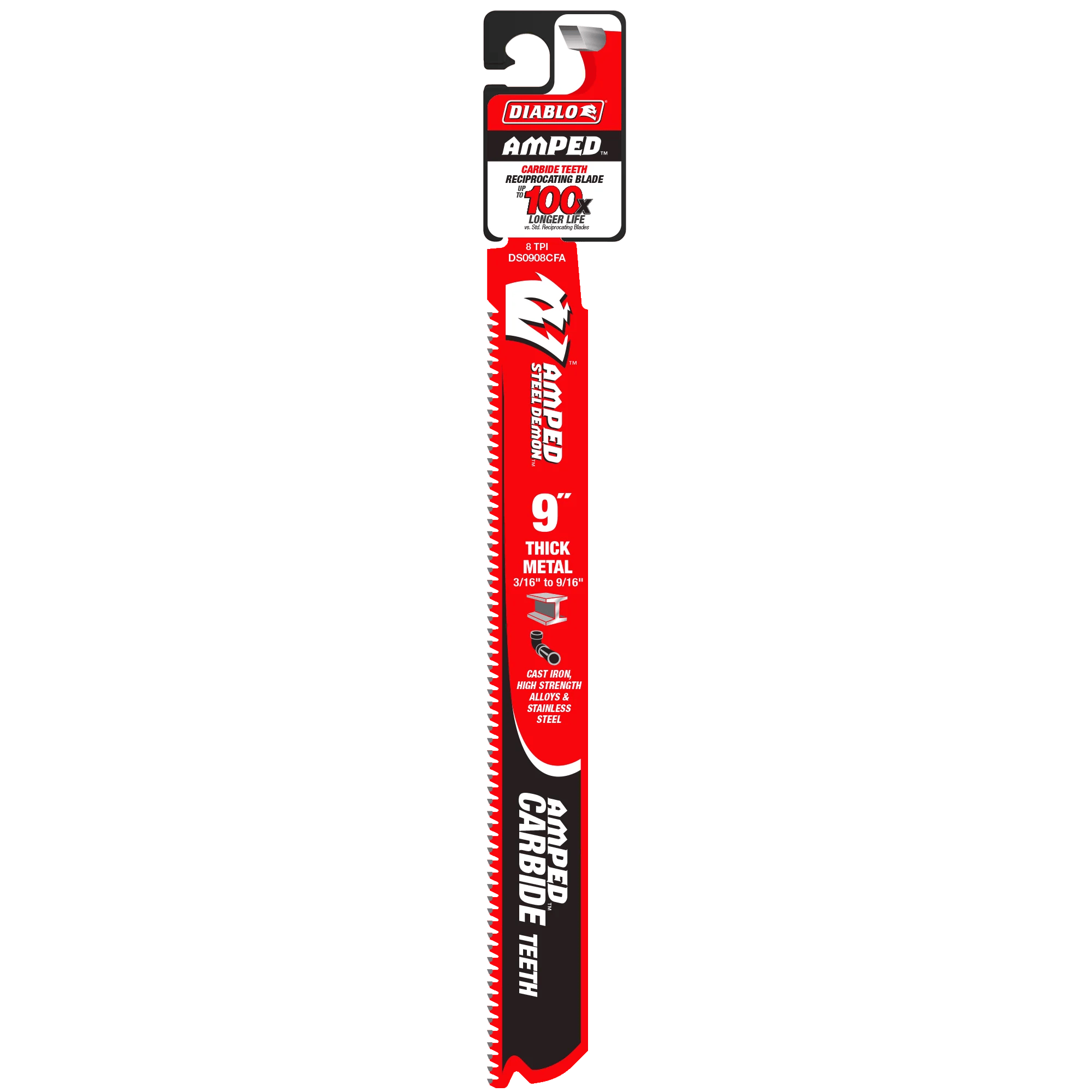 A professional retail shot of the 9 inch Diablo AMPED Steel Demon carbide reciprocating saw blade in its original hanging card packaging. The packaging identifies the blade as part of the amped series with a 100X longer life durability claim and specifies a cutting range of 3/16 inch to 9/16 inch for thick metals.