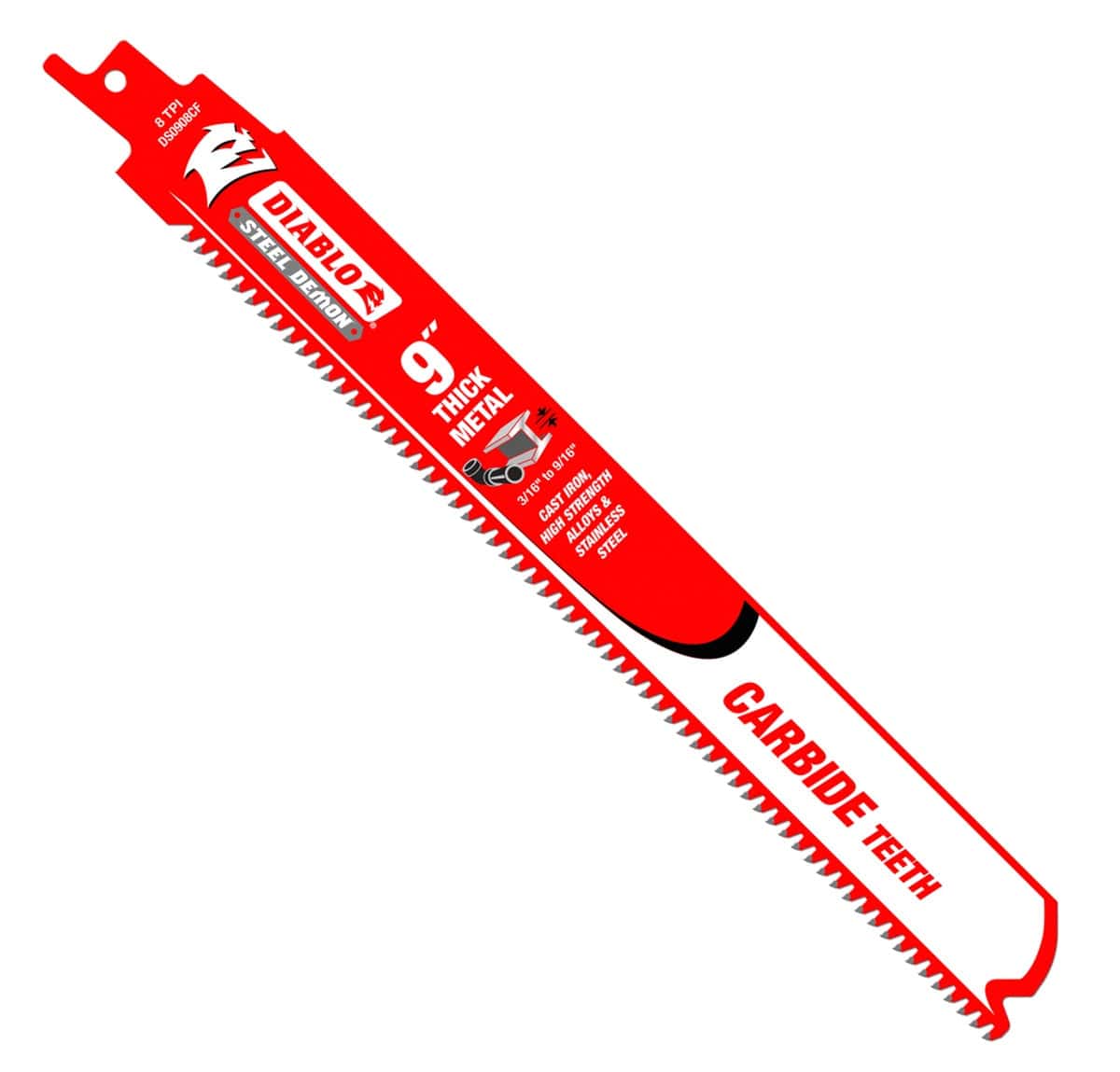 Detailed profile of the red Diablo DS0908CFP Steel Demon 9-inch 8 TPI carbide teeth reciprocating saw blade designed specifically for cutting thick metal, cast iron, and stainless steel.