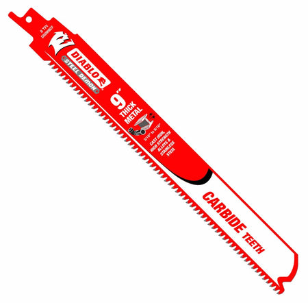 A high-resolution product photograph of a single 9 inch Diablo Steel Demon carbide teeth reciprocating saw blade for thick metal. The red and white blade prominently displays the 8 TPI tooth count and highlights its specialization for cast iron, high strength alloys, and stainless steel between 3/16 inch and 9/16 inch thick.