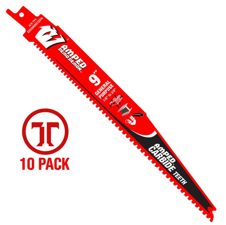 A studio product photograph of a single 9 inch Diablo AMPED Demo Demon reciprocating saw blade. The blade features a bright red body with white and black branding, highlighting the 6/9 TPI variable tooth design and specialized Black I.C.E. carbide teeth. A red 10-pack graphic is featured to the left to indicate the bulk quantity.