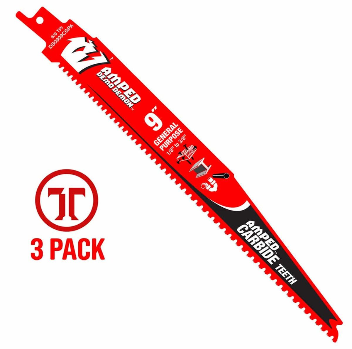 A studio product photograph of a single 9 inch Diablo AMPED Demo Demon carbide teeth reciprocating saw blade. The red blade features white and black branding with the 6/9 TPI variable tooth specification. A red 3-pack graphic is featured on the left.