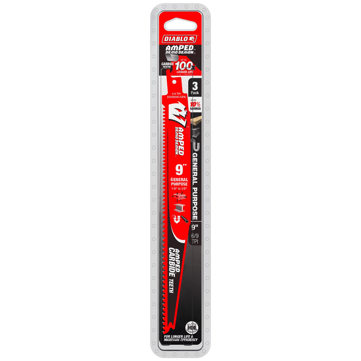 A professional retail shot of the 9 inch Diablo AMPED carbide reciprocating saw blade 3-pack in its hanging card packaging, detailing the 100X longer life claim and 10 percent savings value.