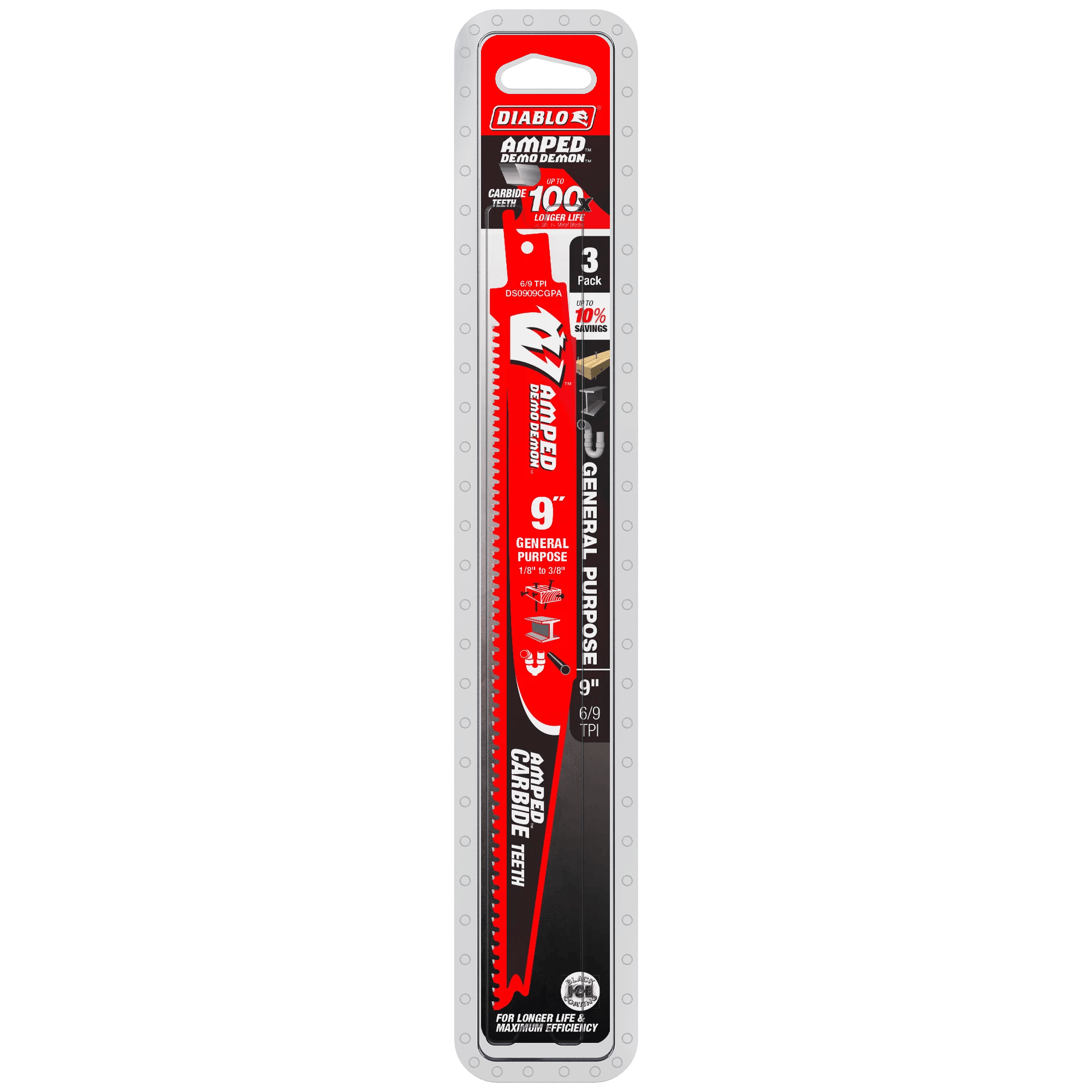 A professional retail shot of the 9 inch Diablo AMPED carbide reciprocating saw blade 3-pack in its hanging card packaging, detailing the 100X longer life claim and 10 percent savings value.
