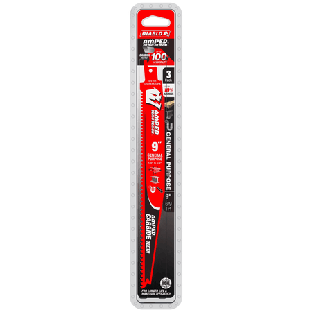 A professional retail shot of the 9 inch Diablo AMPED carbide reciprocating saw blade 3-pack in its hanging card packaging, detailing the 100X longer life claim and 10 percent savings value.