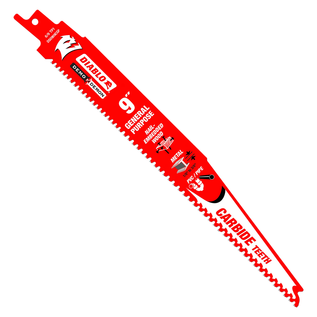 A studio graphic of the red Diablo DS0909CGP 9-Inch Demo Demon reciprocating saw blade, displaying its aggressive carbide teeth, general purpose labels, and application icons for nail-embedded wood, thick metal, and PVC pipe cutting against a white background.