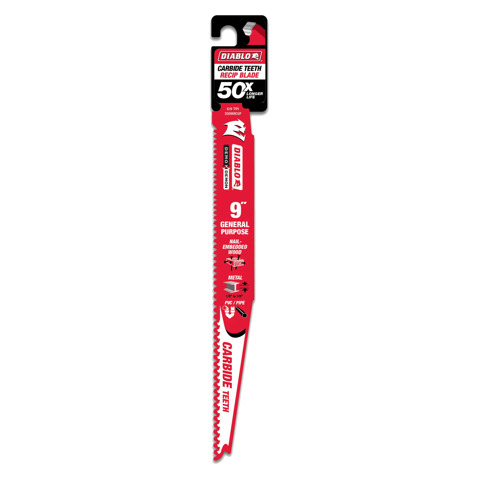 The Diablo Demo Demon 9-inch general purpose carbide reciprocating saw blade shown vertically in its single retail hang-card packaging, calling out its 50X longer life design and 6/9 variable TPI configuration.