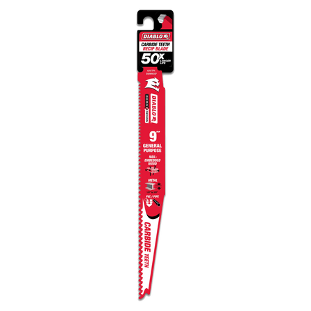 The Diablo Demo Demon 9-inch general purpose carbide reciprocating saw blade shown vertically in its single retail hang-card packaging, calling out its 50X longer life design and 6/9 variable TPI configuration.