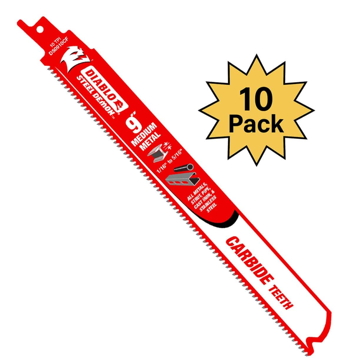 Diablo DS0910CF10 Steel Demon 9-inch 10 TPI carbide teeth reciprocating saw blade designed for cutting medium metal, shown alongside a 10-pack graphic.