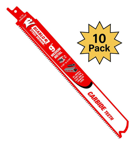 Diablo DS0910CF10 Steel Demon 9-inch 10 TPI carbide teeth reciprocating saw blade designed for cutting medium metal, shown alongside a 10-pack graphic.