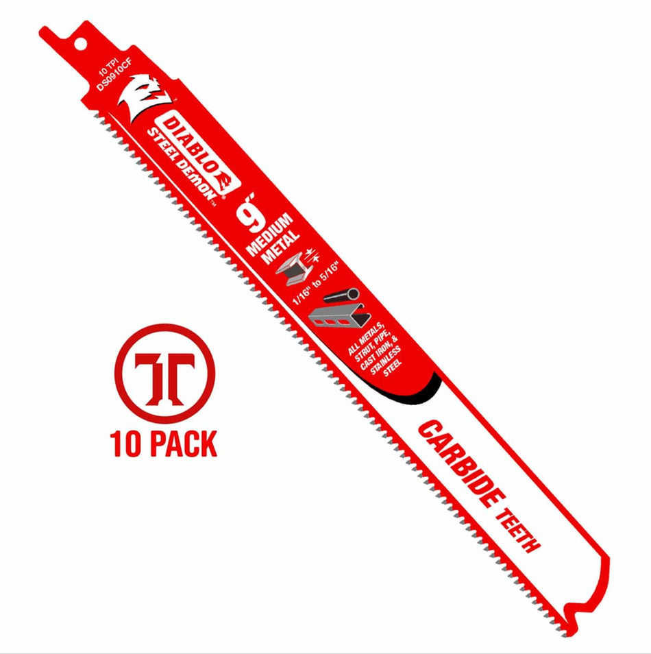 Diablo DS0910CF10 Steel Demon 9-inch 10 TPI carbide teeth reciprocating saw blade designed for cutting medium metal, shown alongside a 10-pack graphic.