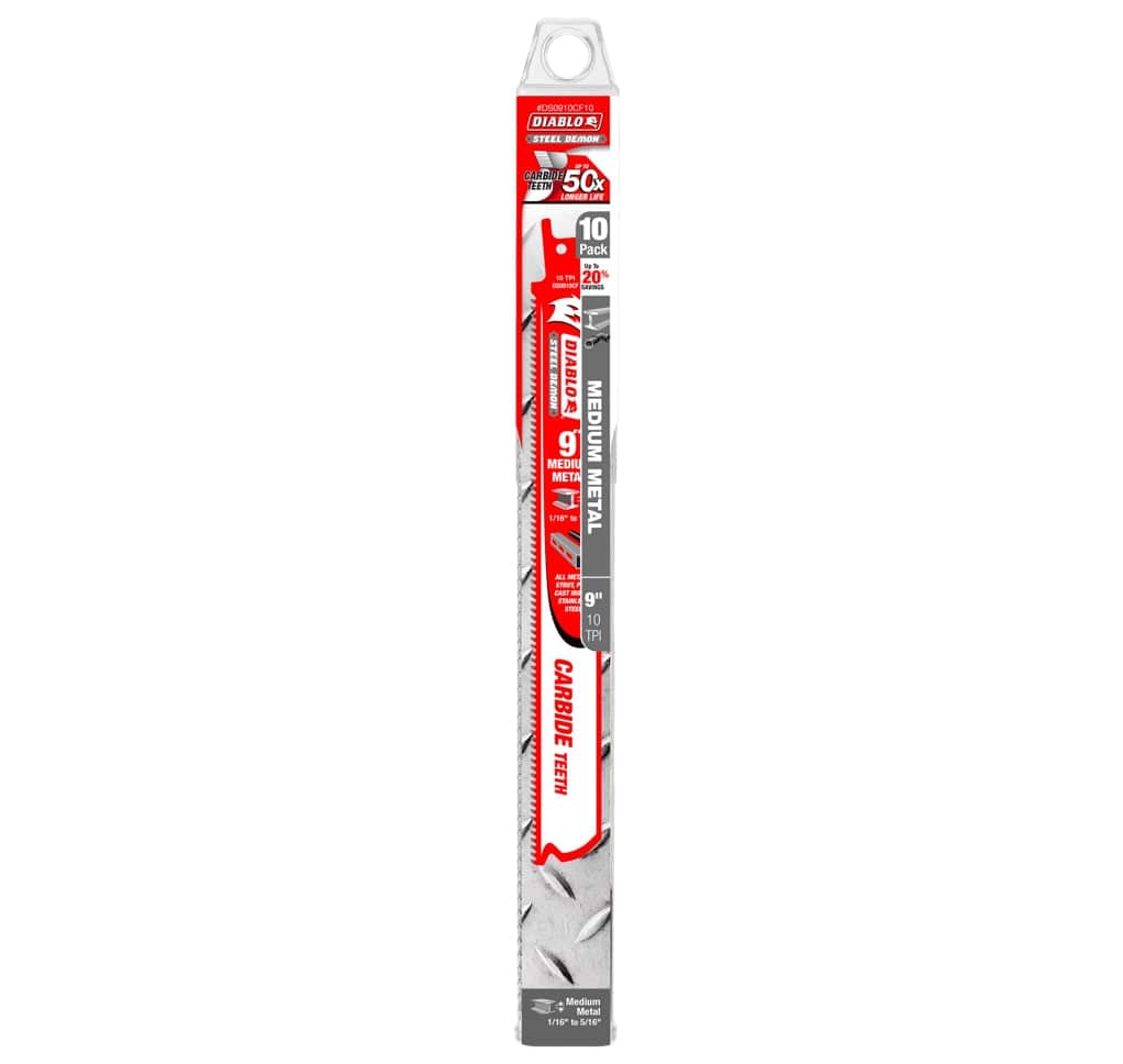 Clear retail tube packaging containing a 10-pack of Diablo DS0910CF10 Steel Demon 9-inch carbide teeth reciprocating saw blades.