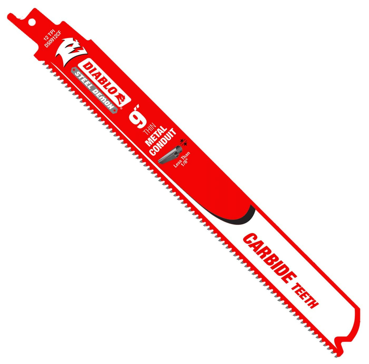 A high-resolution product photograph of a single 9 inch Diablo Steel Demon carbide teeth reciprocating saw blade. The red blade features white and black branding, highlighting the 12 TPI tooth count and its optimization for thin metal conduit and materials less than 1/8 inch thick.