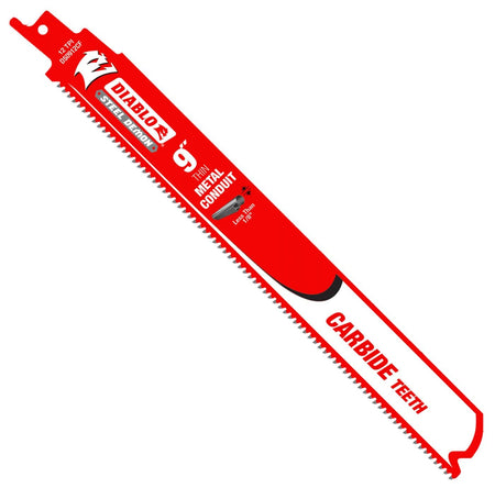 A high-resolution product photograph of a single 9 inch Diablo Steel Demon carbide teeth reciprocating saw blade. The red blade features white and black branding, highlighting the 12 TPI tooth count and its optimization for thin metal conduit and materials less than 1/8 inch thick.