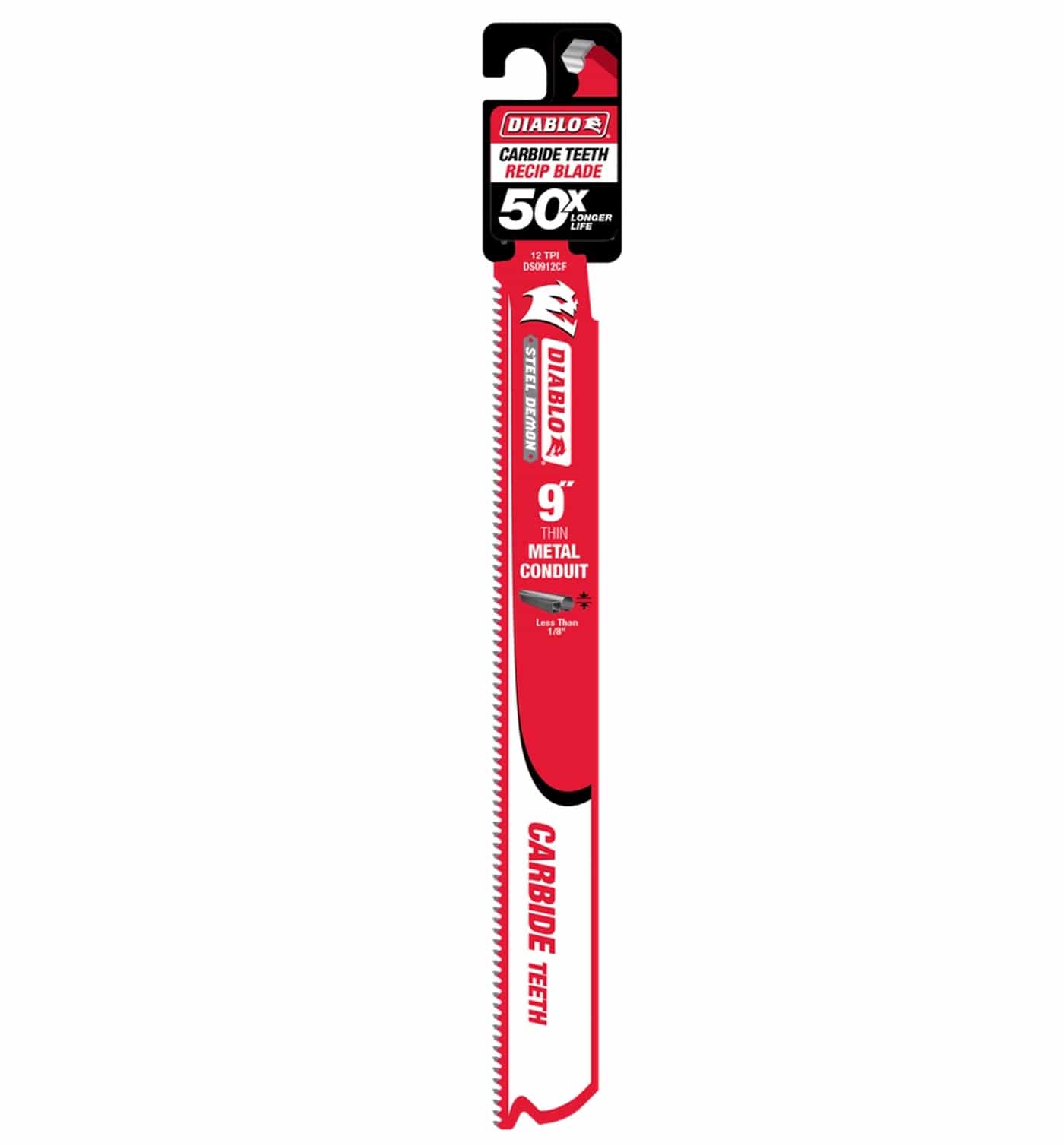 A professional retail shot of the 9 inch Diablo Steel Demon carbide reciprocating saw blade in its original hanging card packaging. The design prominently displays the 50X longer life durability claim and specifies its use for thin metal conduit, tubing, and copper pipe.