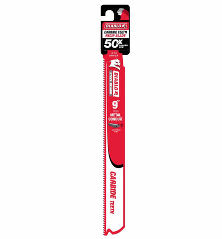 A professional retail shot of the 9 inch Diablo Steel Demon carbide reciprocating saw blade in its original hanging card packaging. The design prominently displays the 50X longer life durability claim and specifies its use for thin metal conduit, tubing, and copper pipe.