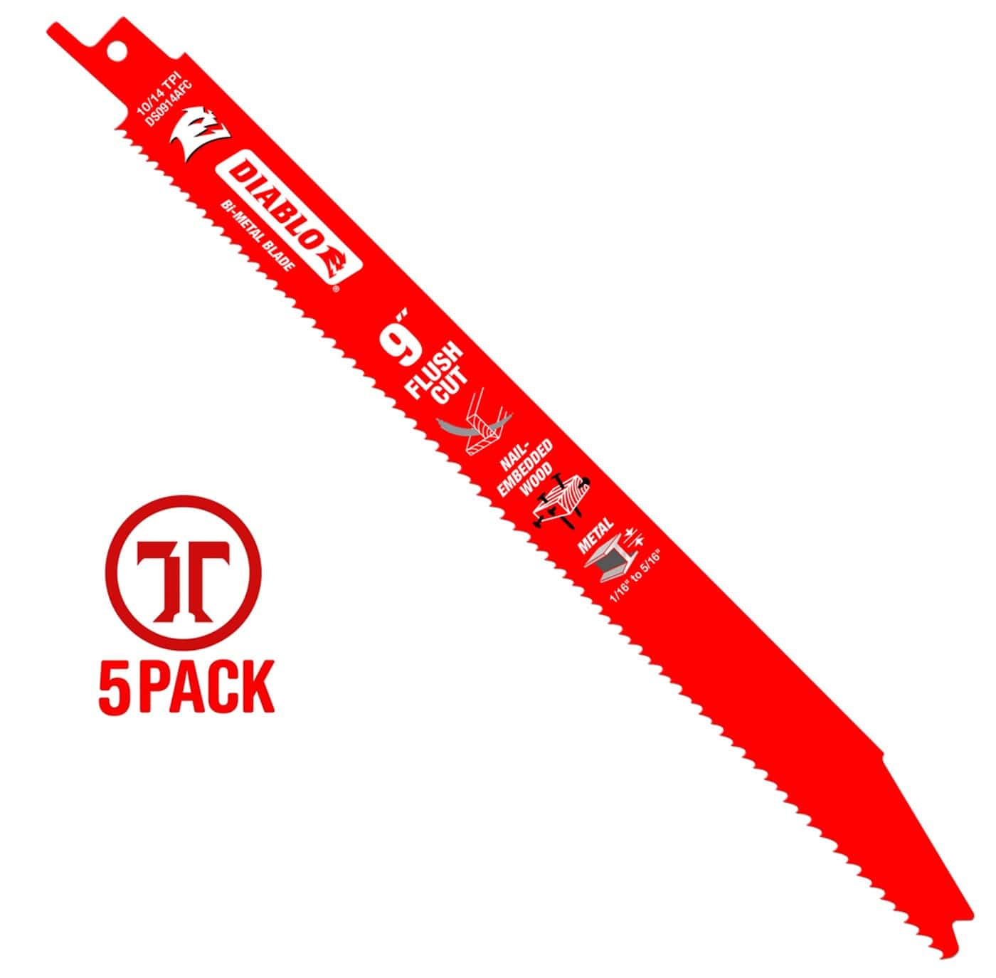 A high-resolution product photograph of a single 9 inch Diablo flush cut bi-metal reciprocating saw blade. The red blade features white branding, highlighting the 10/14 TPI variable tooth design and its optimization for flush cutting in nail-embedded wood and metal. A red 5-pack logo is featured on the left to indicate the product quantity.