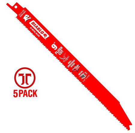 A high-resolution product photograph of a single 9 inch Diablo flush cut bi-metal reciprocating saw blade. The red blade features white branding, highlighting the 10/14 TPI variable tooth design and its optimization for flush cutting in nail-embedded wood and metal. A red 5-pack logo is featured on the left to indicate the product quantity.