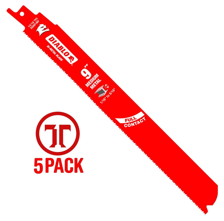 Diablo DS0914BF 9-inch 14/18 TPI bi-metal reciprocating saw blade 5-pack for medium metal cutting with Full Contact Arched Design and red Perma-SHIELD coating.