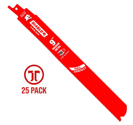 Diablo DS0914BF 9-inch 14/18 TPI bi-metal reciprocating saw blade 25-pack bulk value set for industrial medium metal demolition and construction applications.