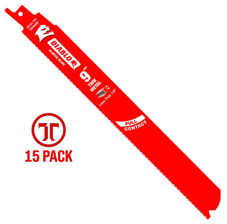 A high-resolution product photograph of a single 9 inch Diablo bi-metal reciprocating saw blade for thin metal. The blade is vibrant red with white branding, highlighting its 20/24 TPI dual tooth design and Full Contact feature. A red 15-pack graphic is featured to the left to indicate the bulk quantity.