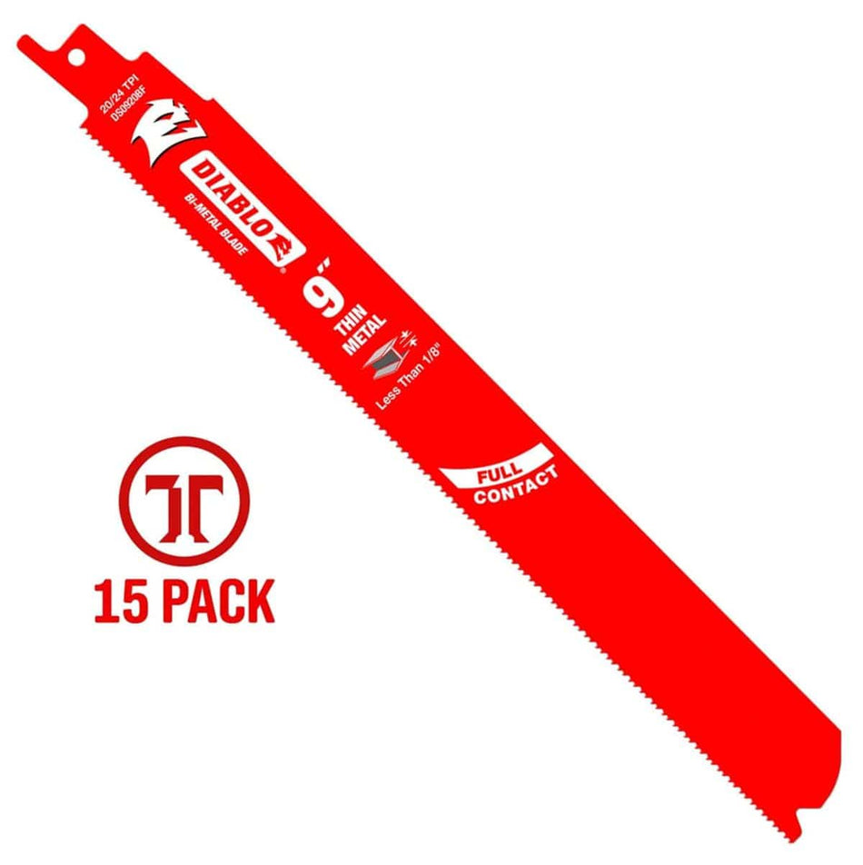 A high-resolution product photograph of a single 9 inch Diablo bi-metal reciprocating saw blade for thin metal. The blade is vibrant red with white branding, highlighting its 20/24 TPI dual tooth design and Full Contact feature. A red 15-pack graphic is featured to the left to indicate the bulk quantity.