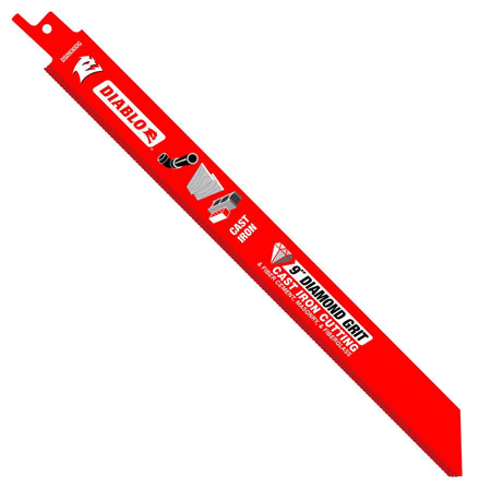 A studio product photograph of a single 9 inch Diablo diamond grit reciprocating saw blade. The blade features a bright red body with white and black branding, prominently displaying icons for cast iron pipe, fiber cement, and masonry, highlighting its specialized abrasive cutting edge.