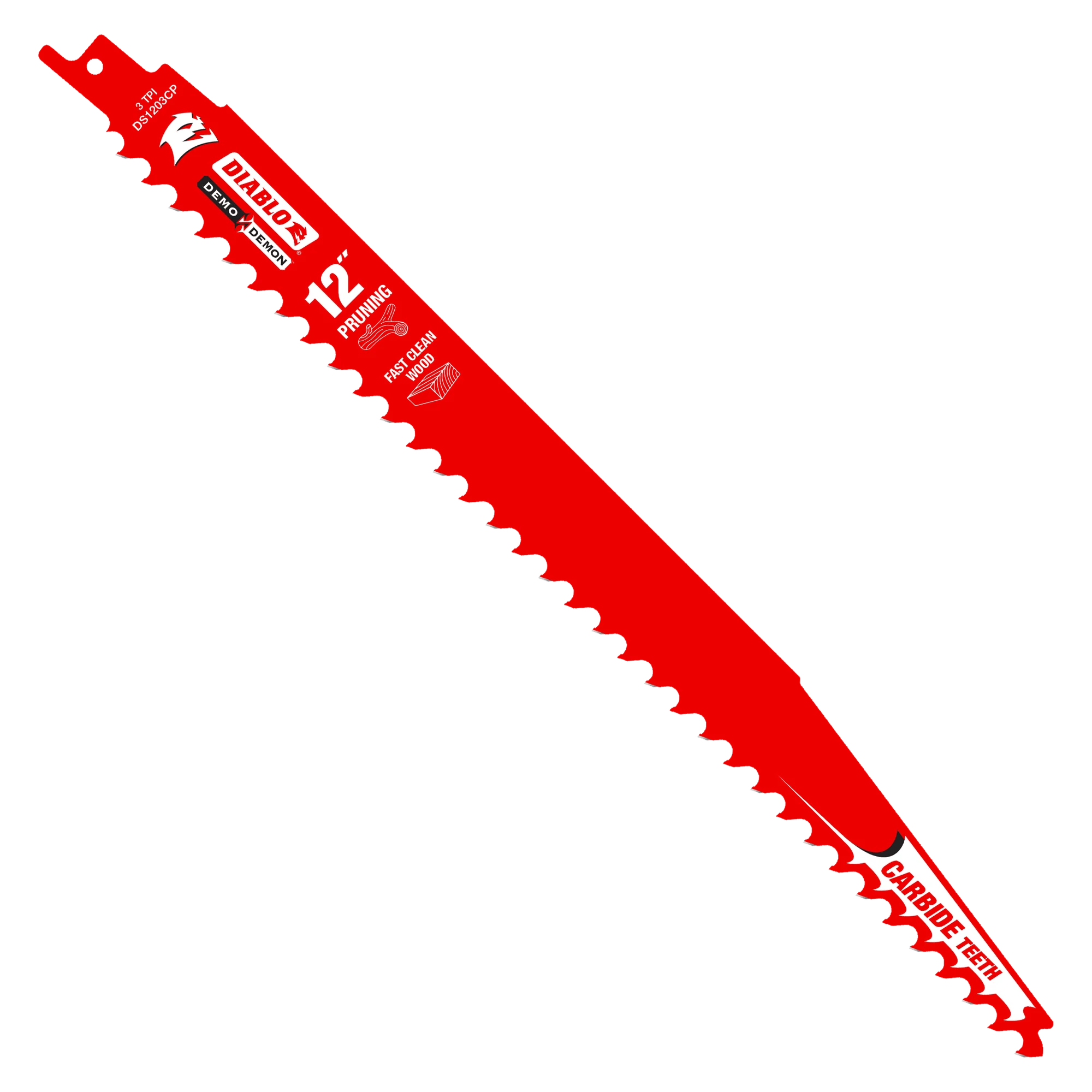 A high-resolution product photograph of a single 12 inch Diablo Demo Demon carbide teeth reciprocating saw blade. The red blade features white and black branding, highlighting the aggressive 3 TPI tooth design and its optimization for pruning and fast clean wood cutting.