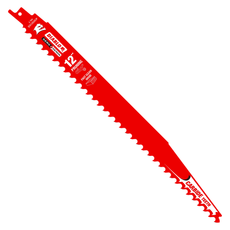 A high-resolution product photograph of a single 12 inch Diablo Demo Demon carbide teeth reciprocating saw blade. The red blade features white and black branding, highlighting the aggressive 3 TPI tooth design and its optimization for pruning and fast clean wood cutting.