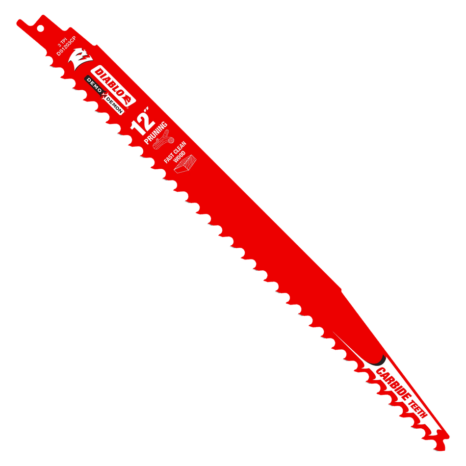 A high-resolution product photograph of a single 12 inch Diablo Demo Demon carbide teeth reciprocating saw blade. The red blade features white and black branding, highlighting the aggressive 3 TPI tooth design and its optimization for pruning and fast clean wood cutting.