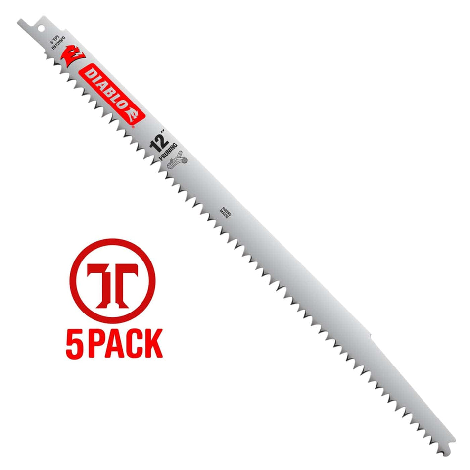 A studio product photograph of a single 12 inch Diablo fleam ground reciprocating saw blade for pruning. The blade features a polished silver finish with red and black Diablo branding, highlighting the aggressive 5 TPI tooth design and bi-directional cutting edge. A red 5-pack graphic is featured to the left to indicate the bulk quantity.