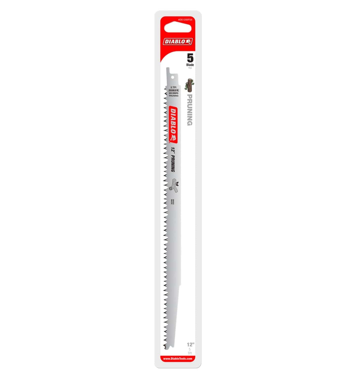 A professional retail shot of the Diablo 12 inch pruning reciprocating saw blade in its original white and red hanging card packaging. The packaging clearly displays the 5-blade count, the specialized fleam grind for clean wood trimming, and the universal 1/2 inch shank compatibility for all standard reciprocating saws.