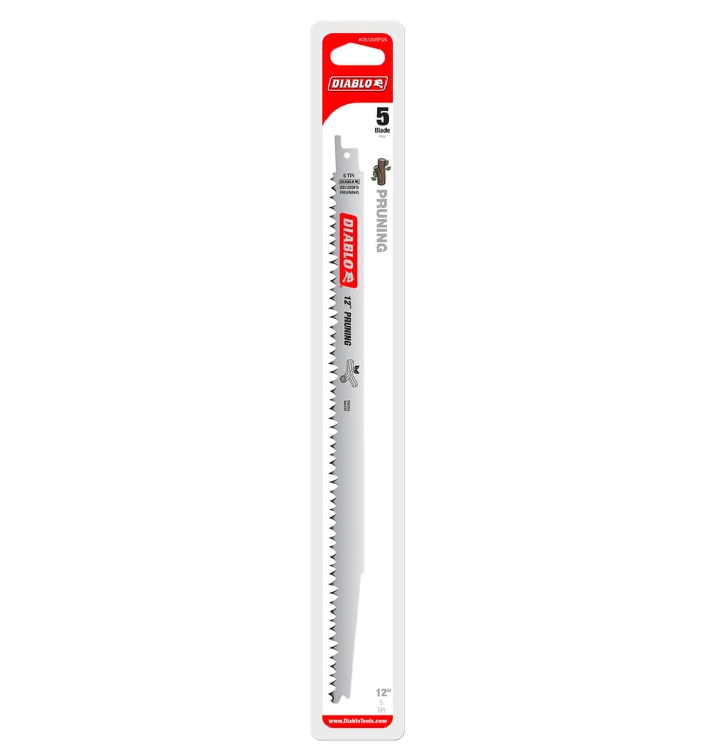 A professional retail shot of the Diablo 12 inch pruning reciprocating saw blade in its original white and red hanging card packaging. The packaging clearly displays the 5-blade count, the specialized fleam grind for clean wood trimming, and the universal 1/2 inch shank compatibility for all standard reciprocating saws.