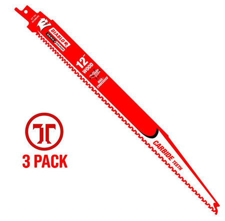 A high-resolution product photograph of a single 12 inch Diablo Demo Demon carbide teeth reciprocating saw blade. The red blade features white and black branding, highlighting the 5/7 TPI variable tooth design and its optimization for nail-embedded wood and structural timber. A red 3-pack graphic is featured on the left to indicate bulk quantity.