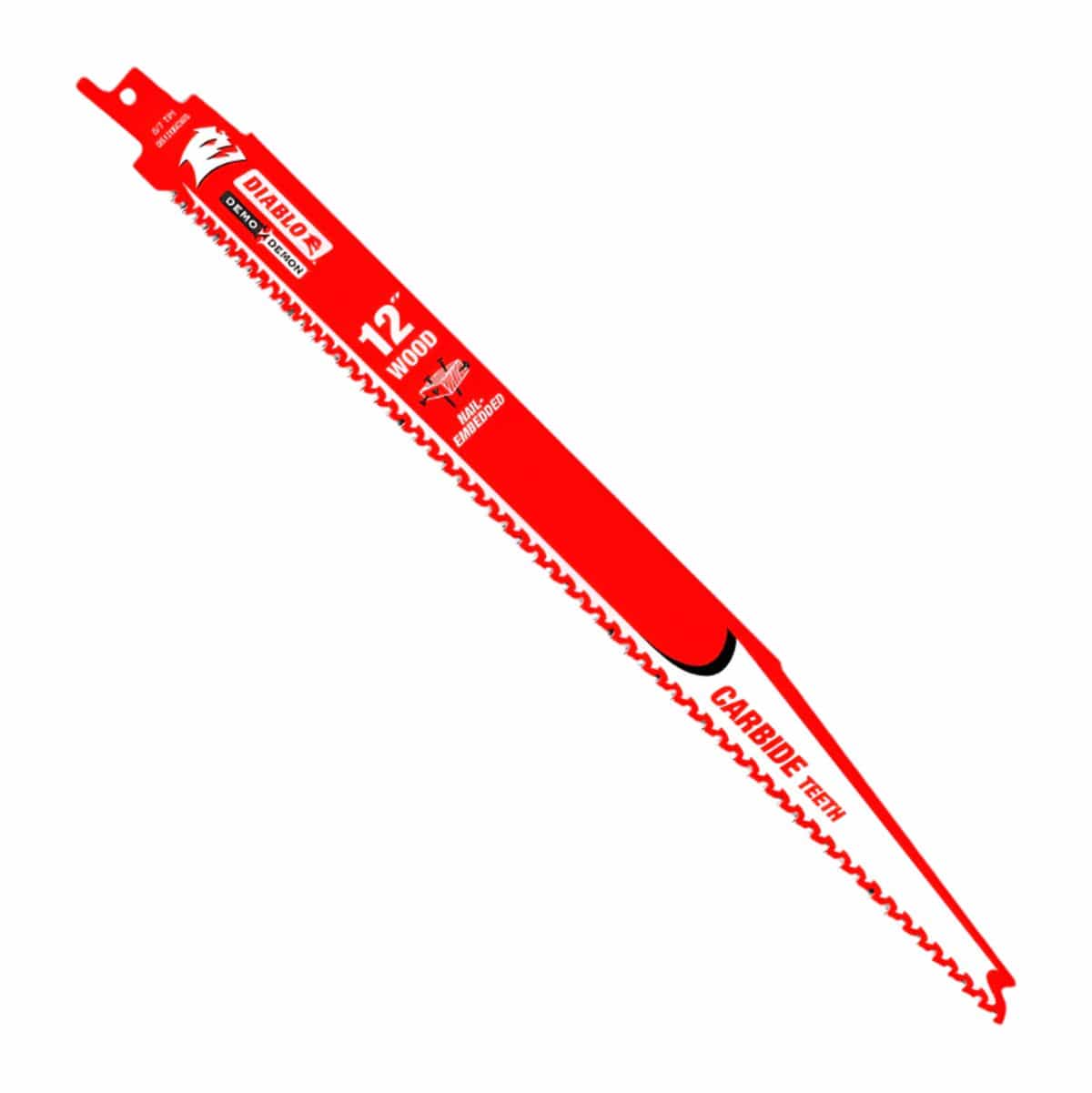  A Diablo 12" Carbide-Tipped Reciprocating Saw Blade. You can see the "Diablo" logo, the "12"" marking indicating its length, and the words "Carbide Teeth" which confirms it's carbide-tipped for durability. It also says "Wood" and "Nail Embedded" suggesting it's designed for cutting wood, even with nails in it.